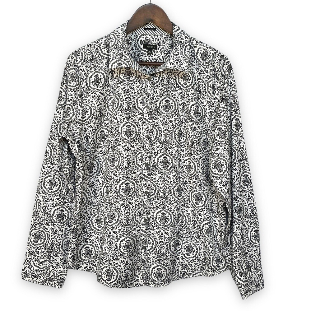 Talbots Button Down Shirt Womens 16 Black White Damask Paisley Wrinkle Resistant